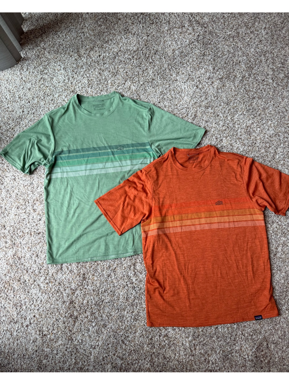 Set 2 Patagonia Men’s XS Striped Crewneck Athletic Hiking Tees - Green & Orange